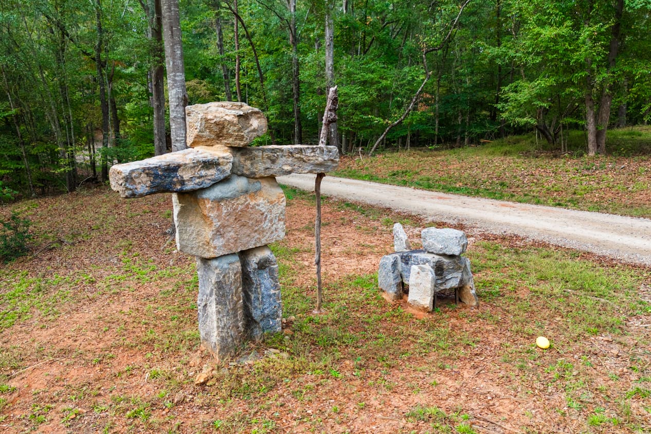 Stone Man and Troxie Statues from a low Aerial View
